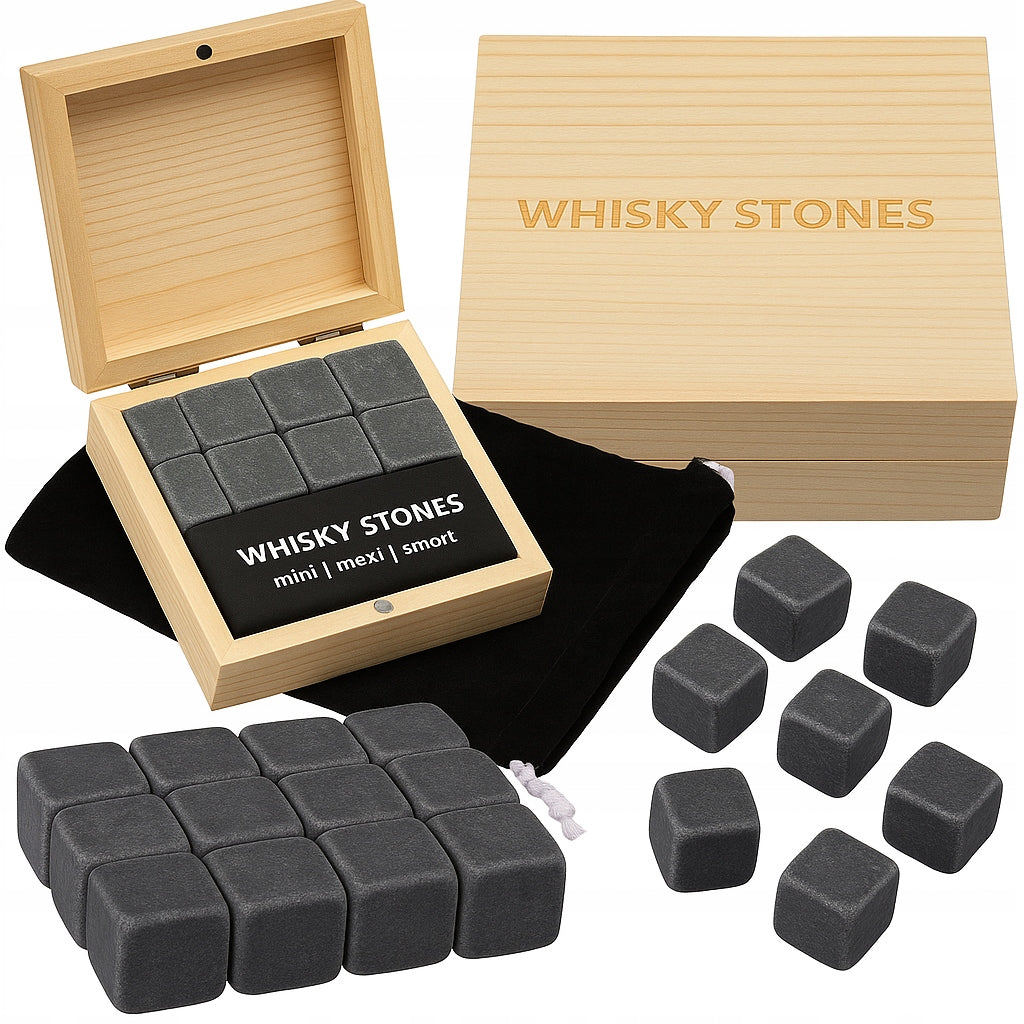 WHISKEY Drink Stones IN WOODEN CUBE PACKAGING 12pcs for GIFT