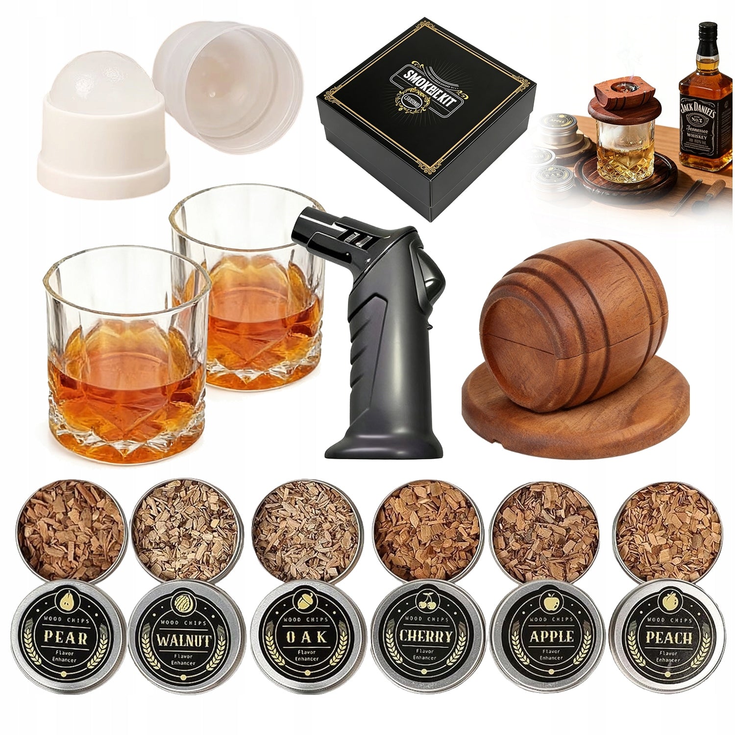 WHISKEY SMOKER SET OF 6 FLAVORS SMOKING WITH BARTENDING DRINK TOOLS