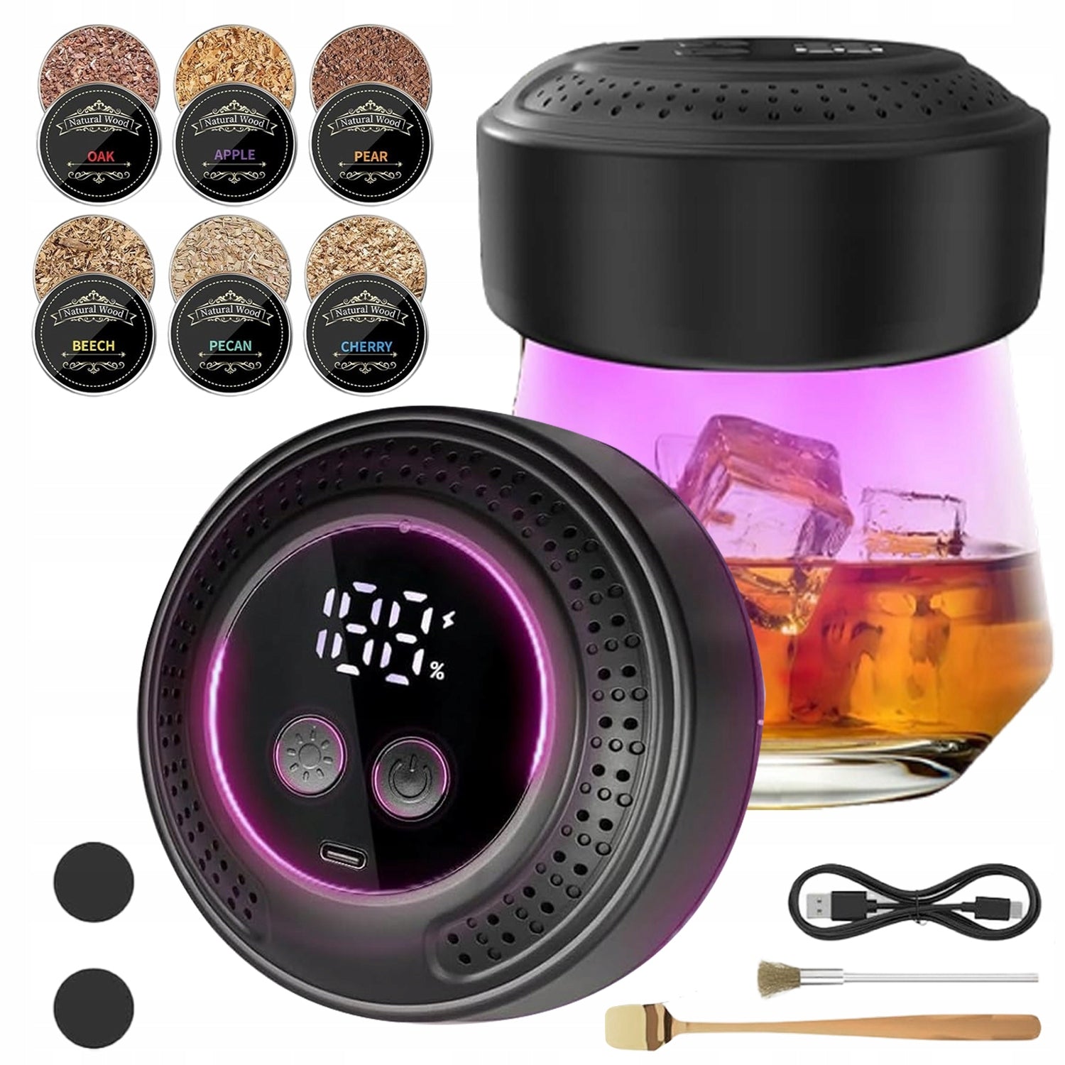 WHISKEY SMOKER USB SMOKING SET WITH 6 TYPES OF WOOD MULTICOLOR LED