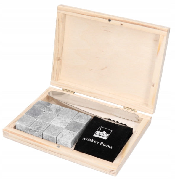 WHISKEY STONES STONE CUBES STEATYT 12PCS BOX WOODEN PLIERS