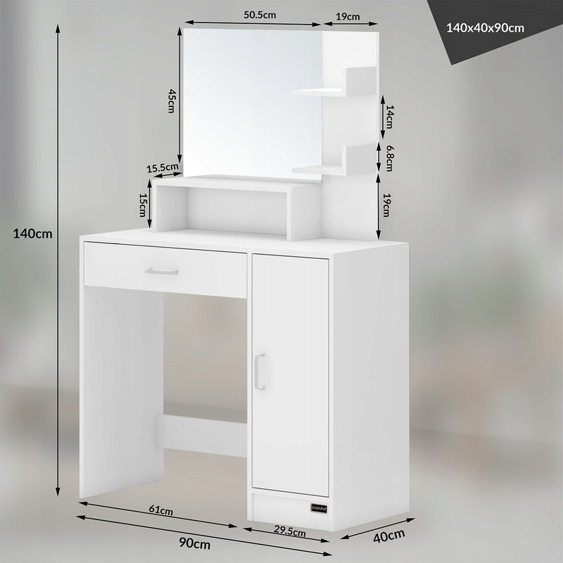 WHITE DRESSING TABLE COSMETIC WITH MIRROR 90x38x137cm Furniture depth 38 cm