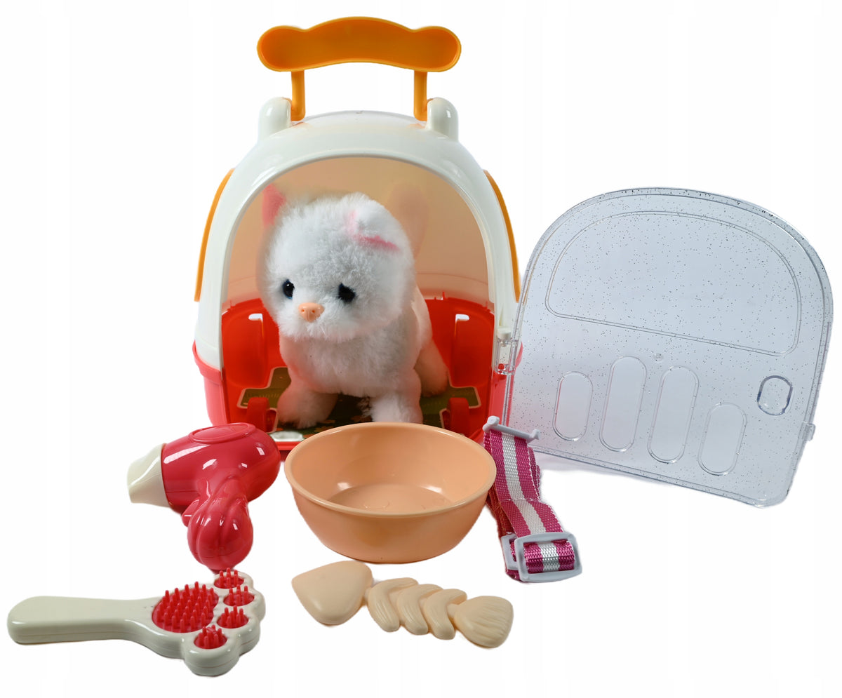 WHITE KITTEN BATTERY OPERATED PLUSH TOY CAT WITH TRANSPORTER CARE KIT