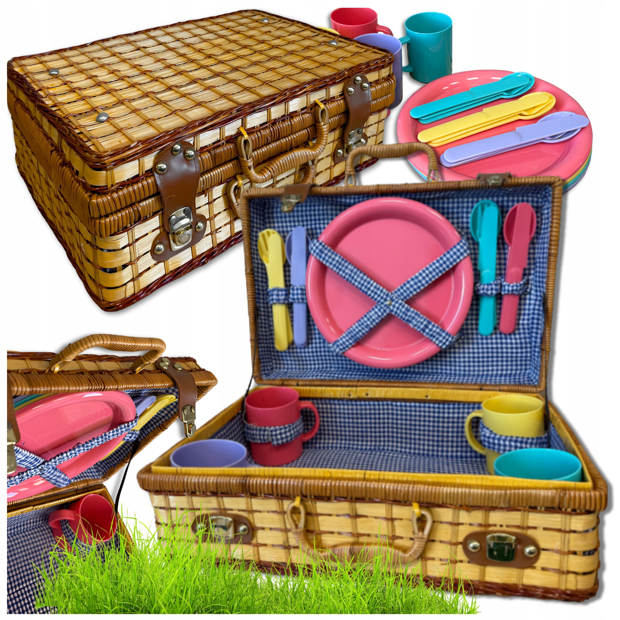 WICKER PICNIC BASKET SET FOR 4 PEOPLE TABLEWARE WITH CUTLERY PLATES