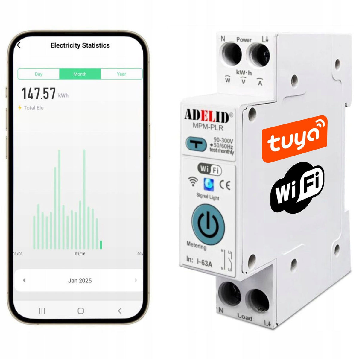 WIFI RELAY FOR DIN RAIL MEASUREMENT OF ENERGY CONSUMPTION TUYA DIFFERENTIAL