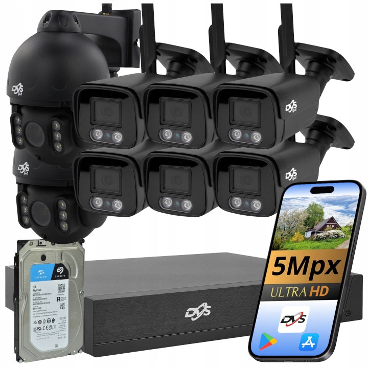 WIFI SURVEILLANCE KIT 6 CAMERAS 5MPX + 2 ROTATING CAMERAS BLACK DISK 1Tb