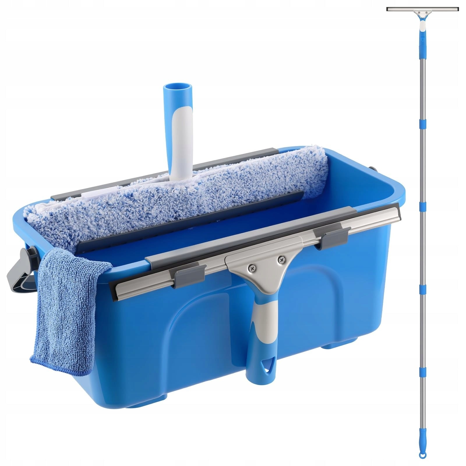 WINDOW CLEANING SET 8in1 BUCKET 12L SQUEEGEE 35cm TELESCOPIC POLE 196cm Manufacturer code Zestaw do mycia okien wiadro 12L kij 196cm