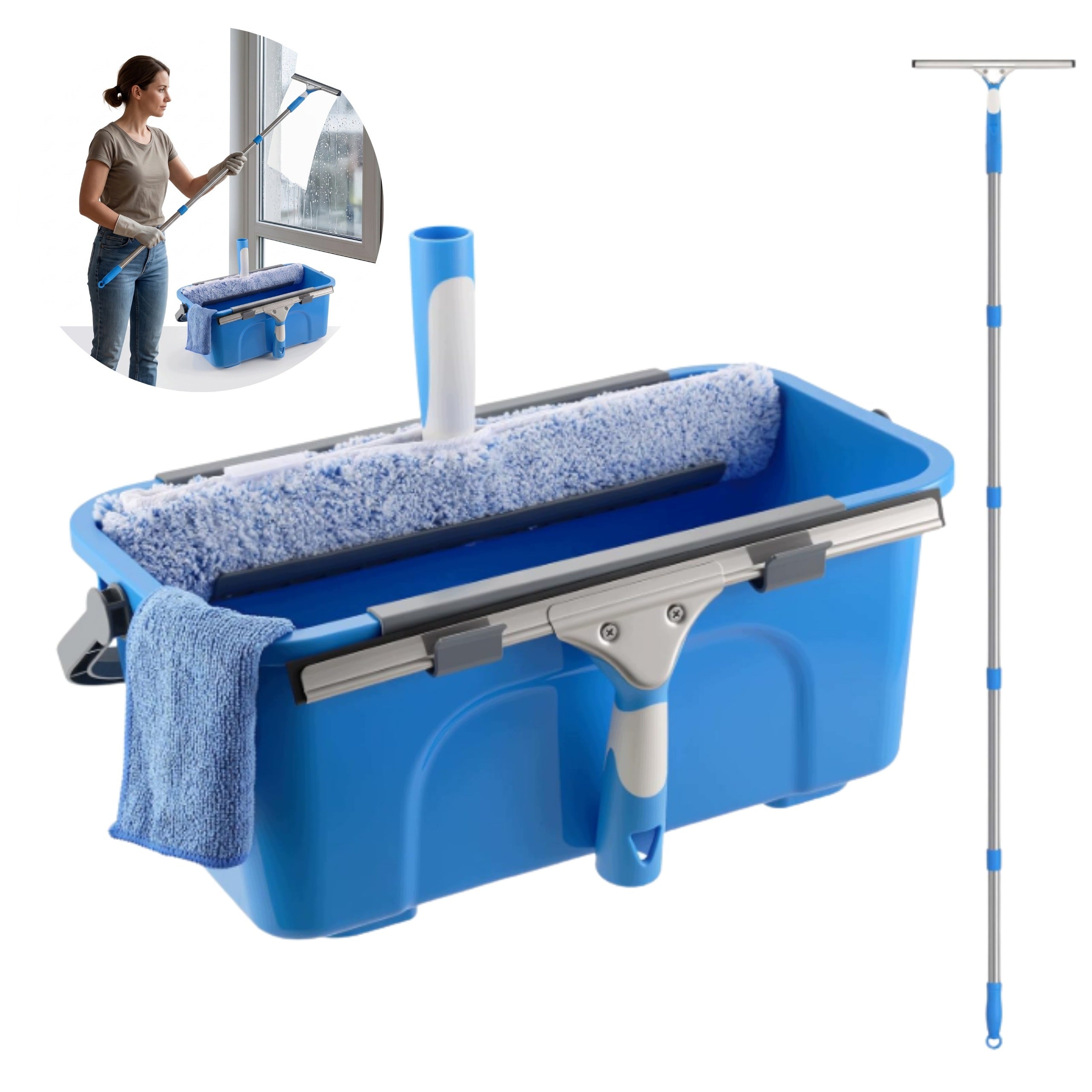 WINDOW CLEANING SET 8in1 BUCKET 12L SQUEEGEE 35cm TELESCOPIC POLE 196cm