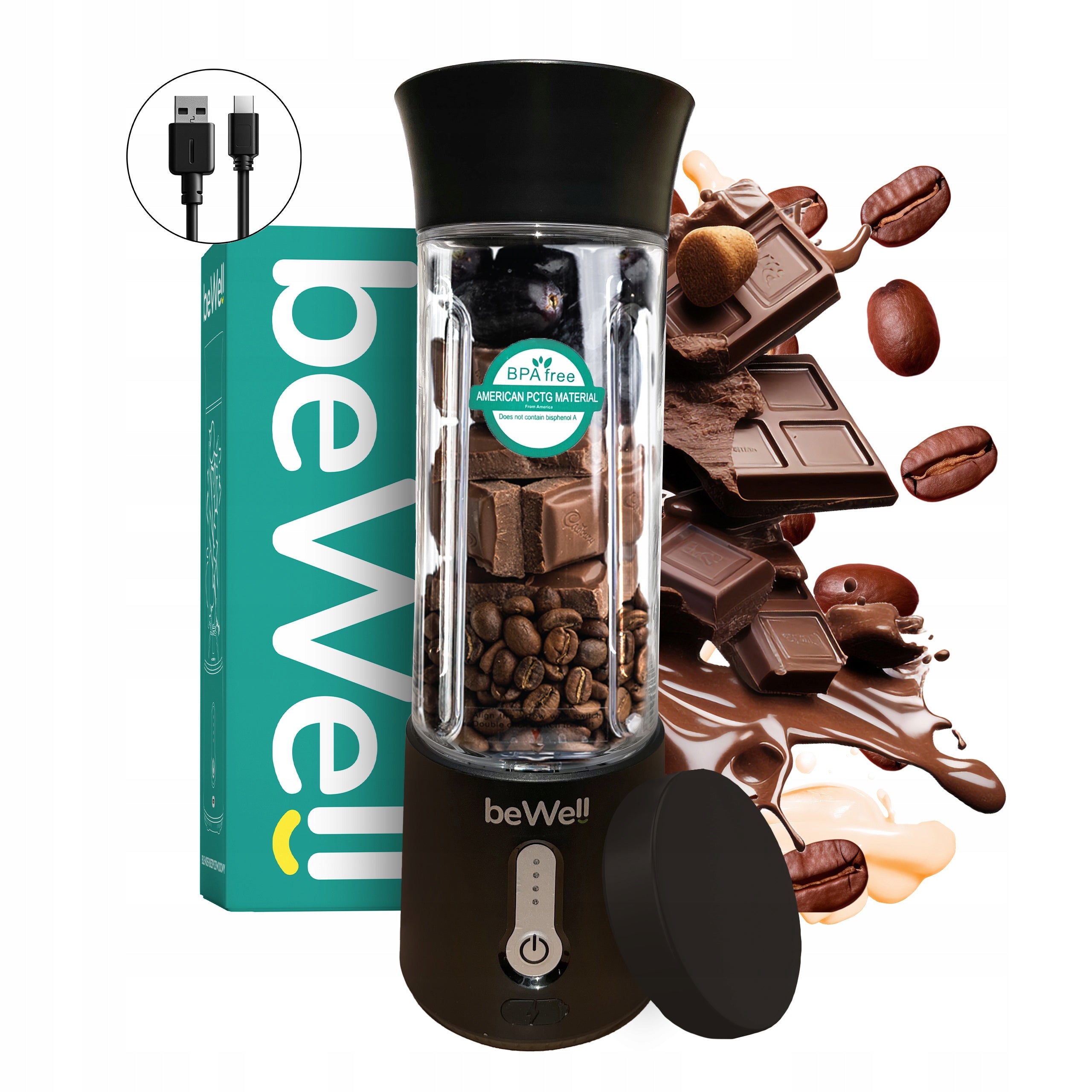 WIRELESS BLENDER beWell Plus 500ml FOR COCKTAILS BLACK HAD NUTS