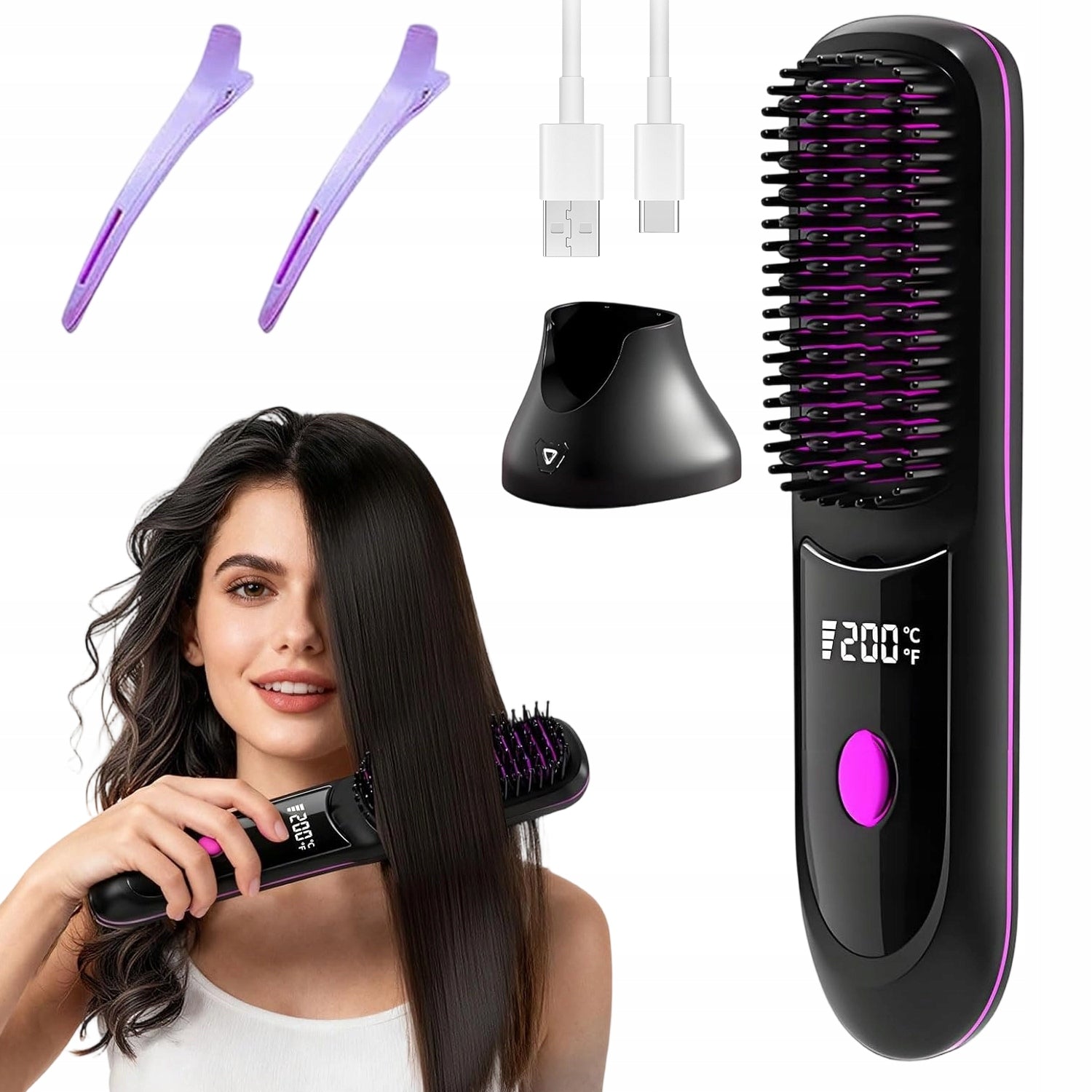 WIRELESS HAIR STRAIGHTENING BRUSH 5200MAH 3 TEMPERATURE LEVELS