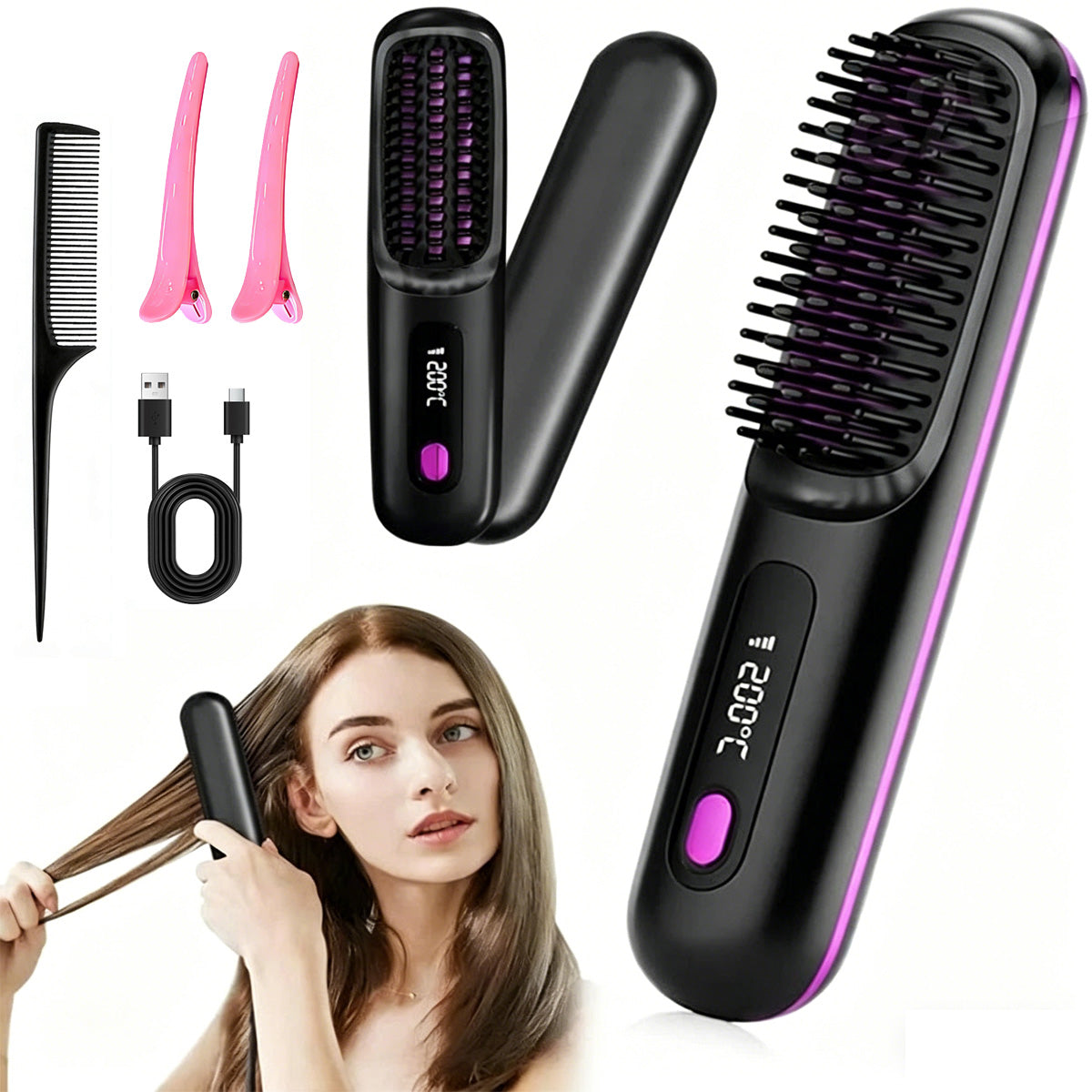 WIRELESS HAIR STRAIGHTENING BRUSH, HEATED STRAIGHTENING BRUSH