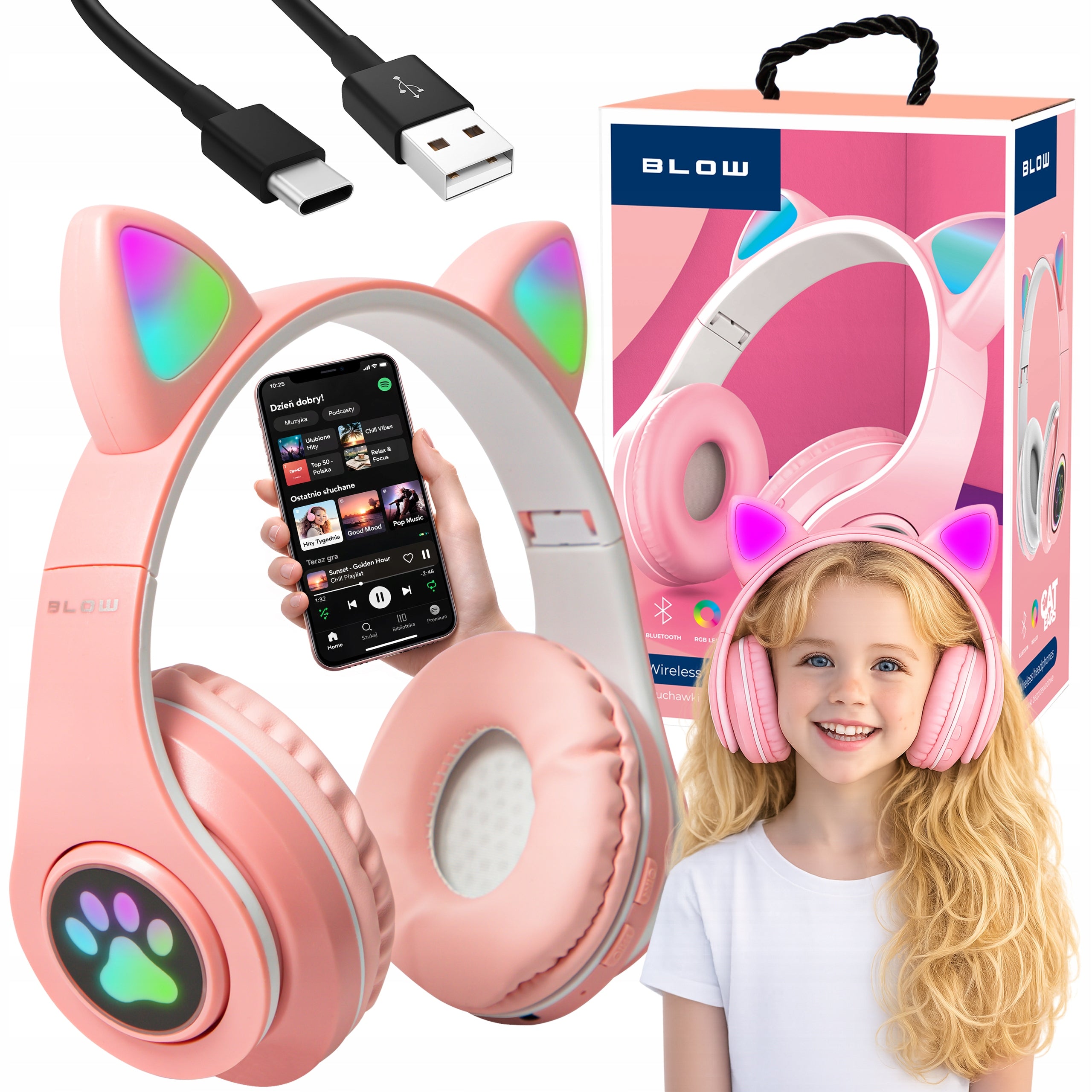 WIRELESS HEADPHONES FOR KIDS BLUETOOTH MICROPHONE CAT EARS LED RGB