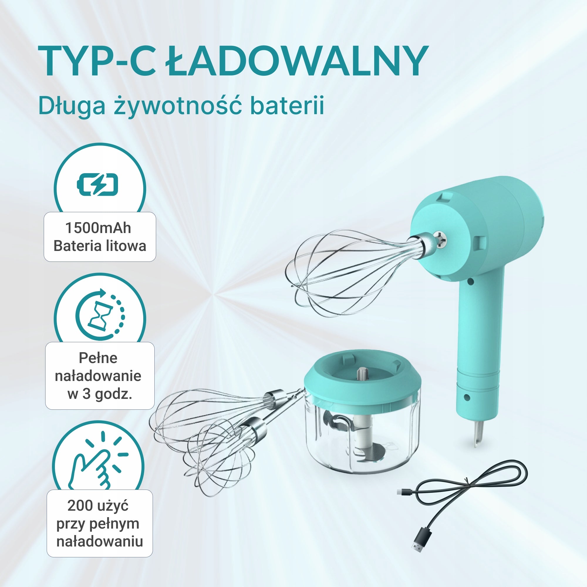 WIRELESS MIXER + FOOD SHREDDER VIO K03, TURQUOISE - 20W Manufacturer code VIO-K03