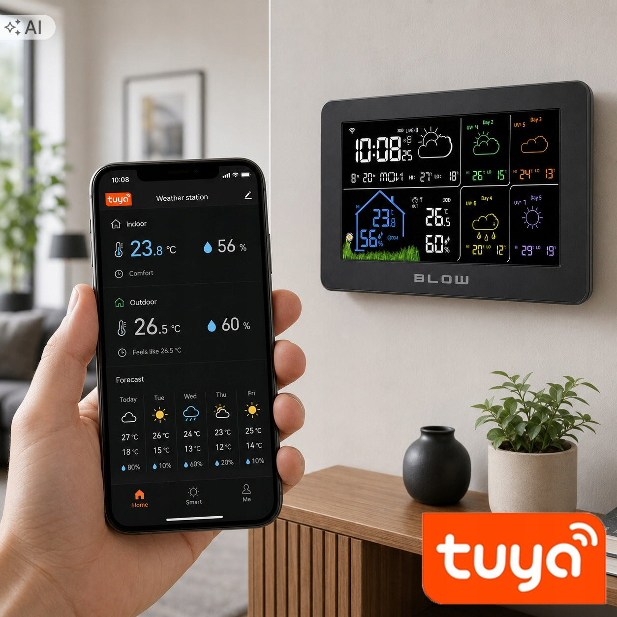 WIRELESS WEATHER STATION WIFI TUYA SENSOR HYGROMETER THERMOMETER CLOCK Packaging status original