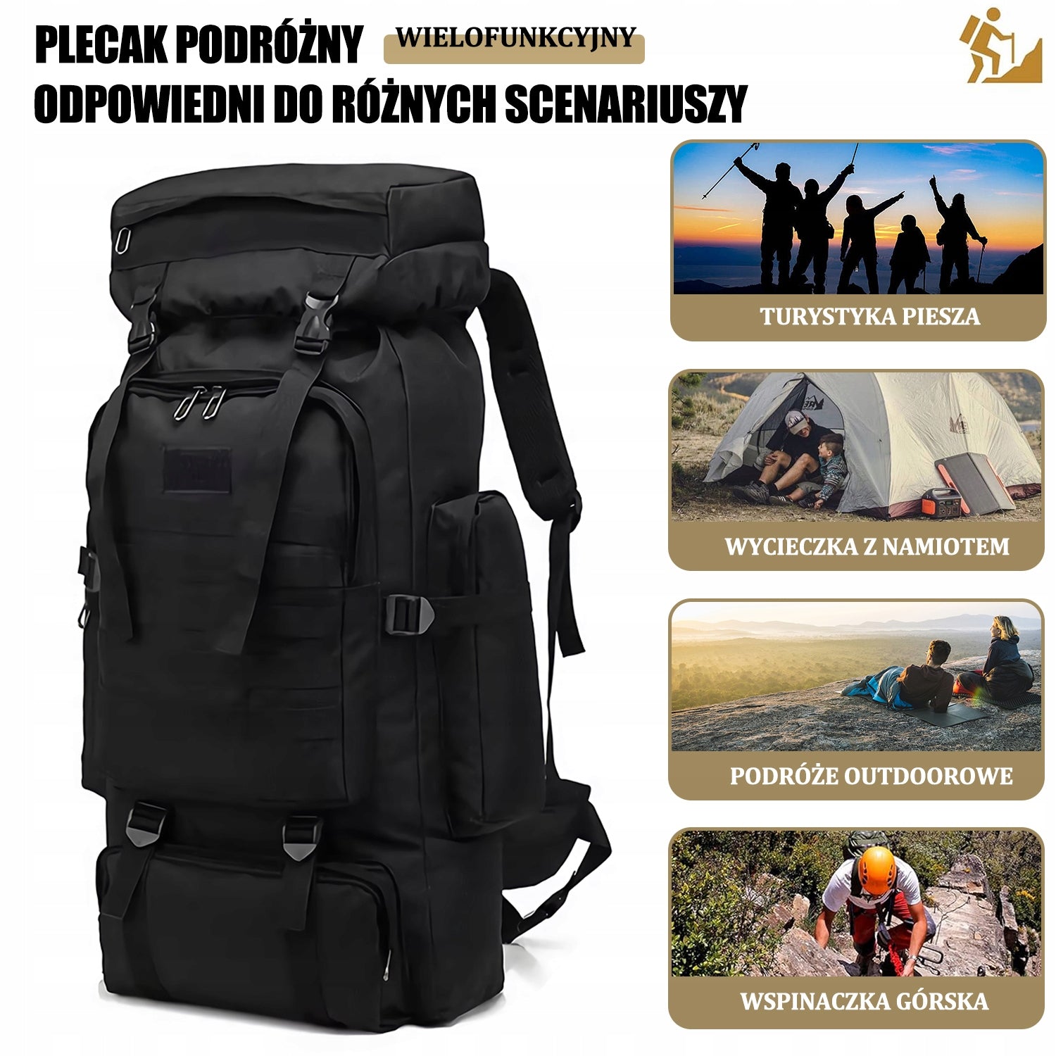WOJSKOWY PLECAK TAKTYCZNY, 80L 5 PRZEGRÓD, WODOODPORNY, CZARNY Packaging status original