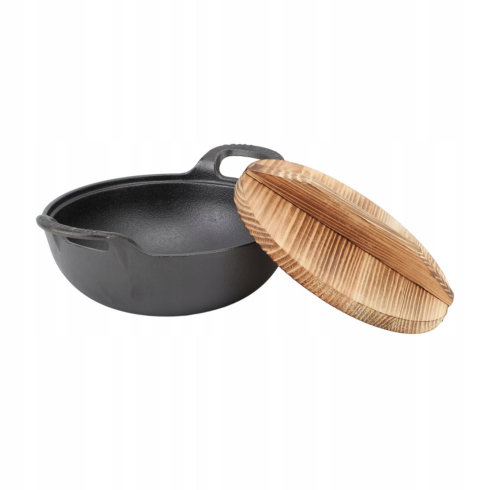 WOK CAST IRON PAN 20cm with Wooden Lid - Perfect for Asian