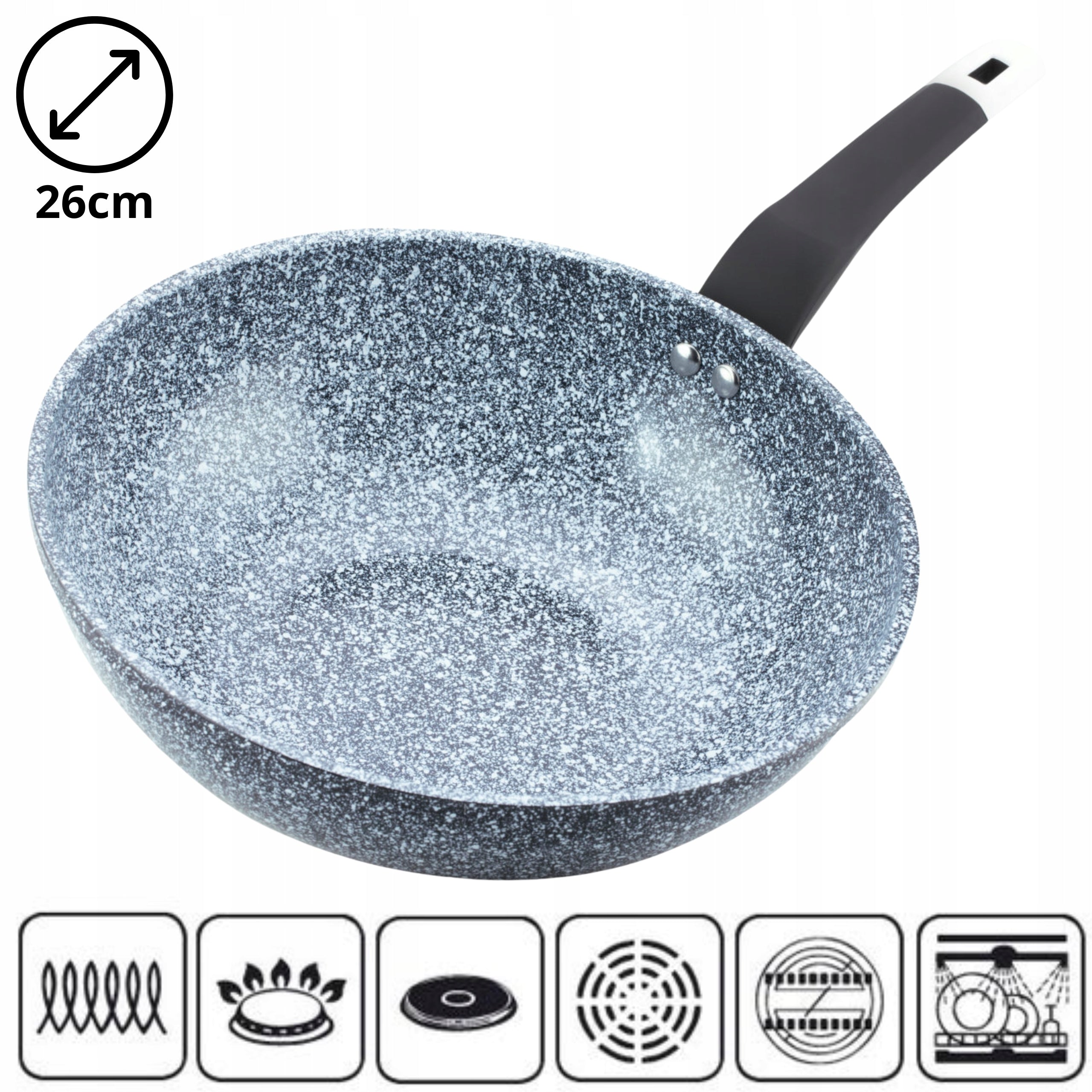 WOK PAN 26cm 2,8L LARGE DEEP MARBLED PAN FOR GAS INDUCTION Packaging status original