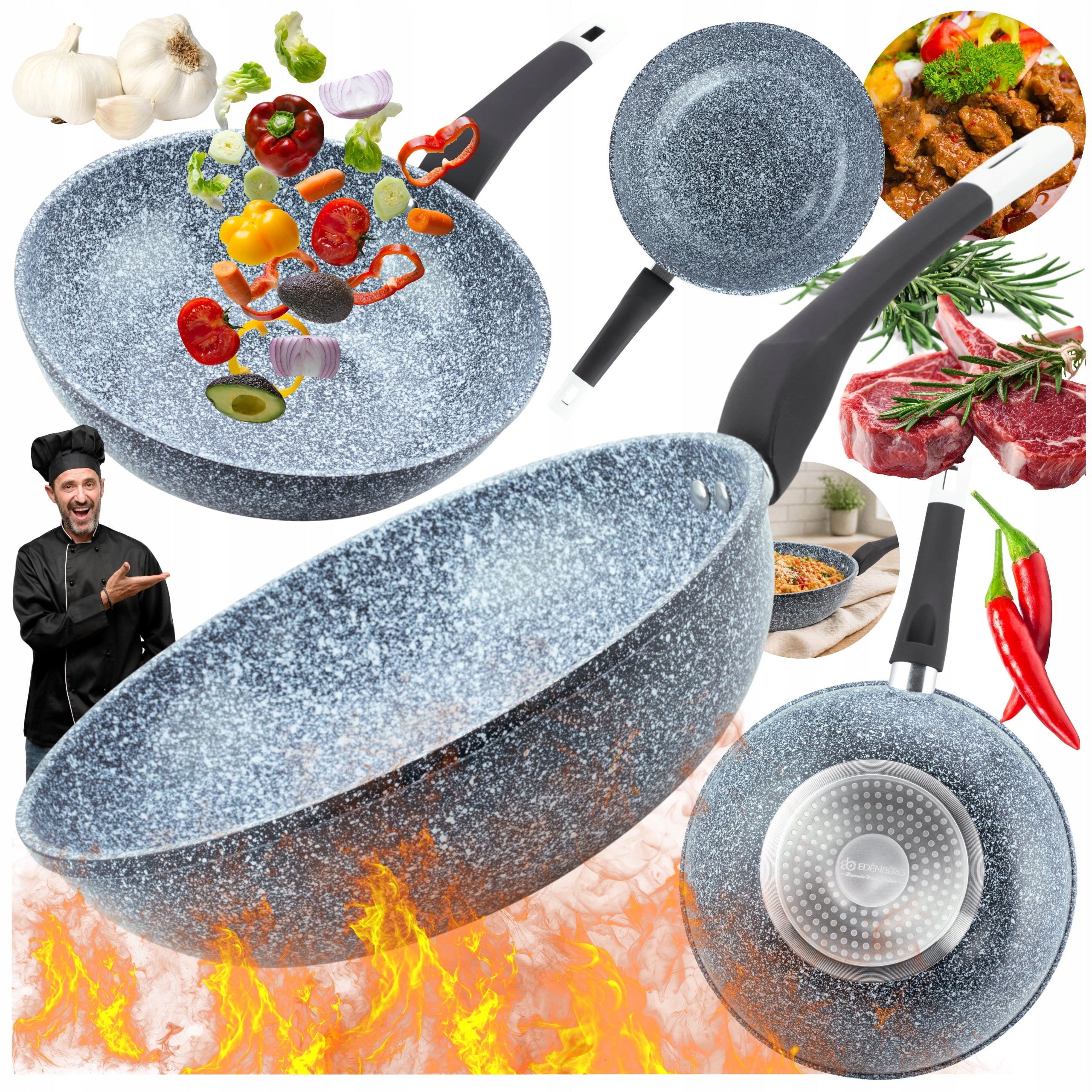 WOK PAN 26cm 2,8L LARGE DEEP MARBLED PAN FOR GAS INDUCTION