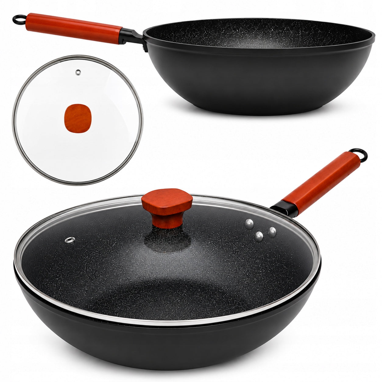 WOK PAN 33 CM WITH LID DEEP INDUCTION NON STICK FOR ASIAN DISHES