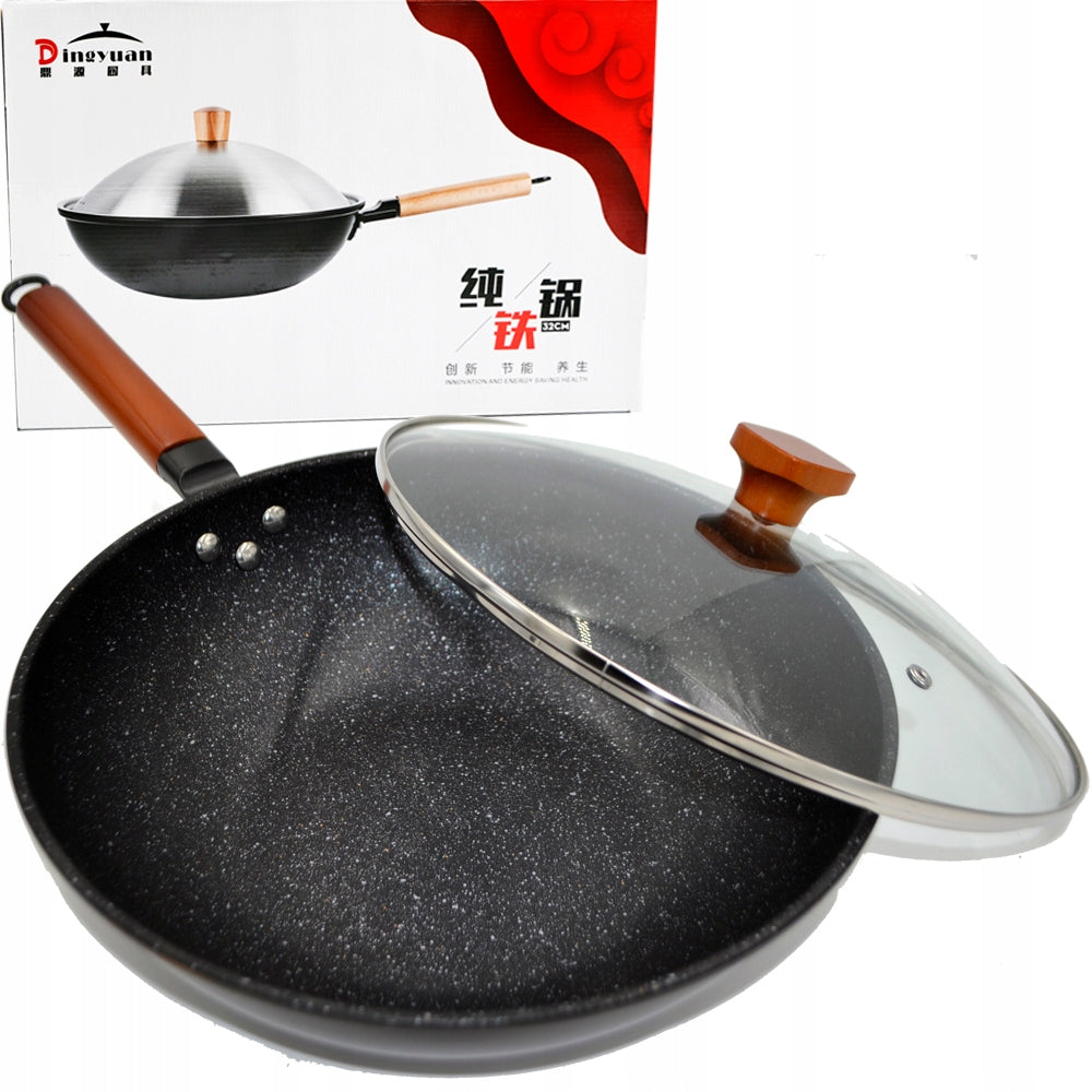 WOK PAN 33CM STEEL CHINESE DEEP WITH LID FOR ASIAN DISHES