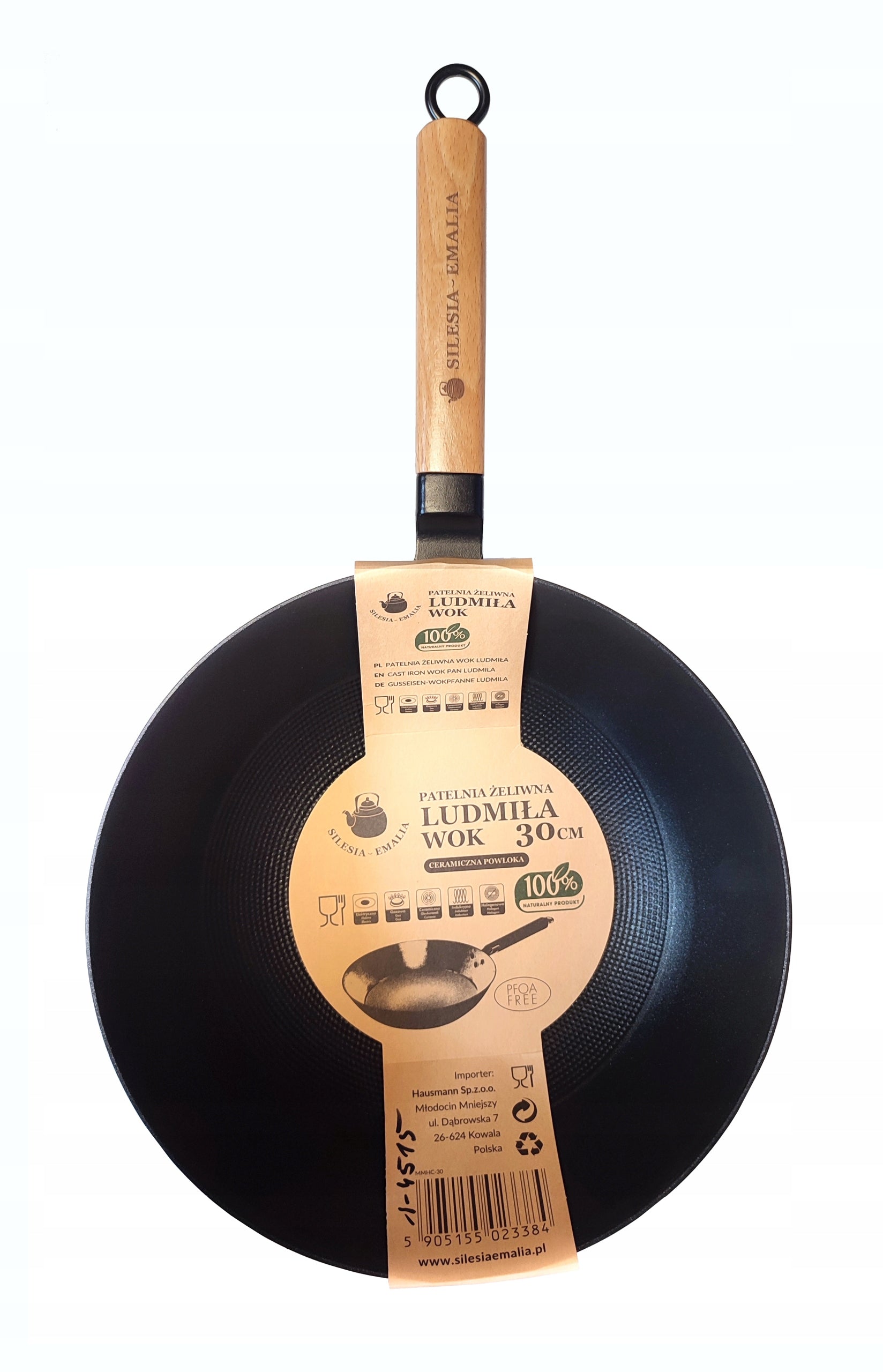 WOK cast iron pan for induction gas 30 cm with wooden handle 14515