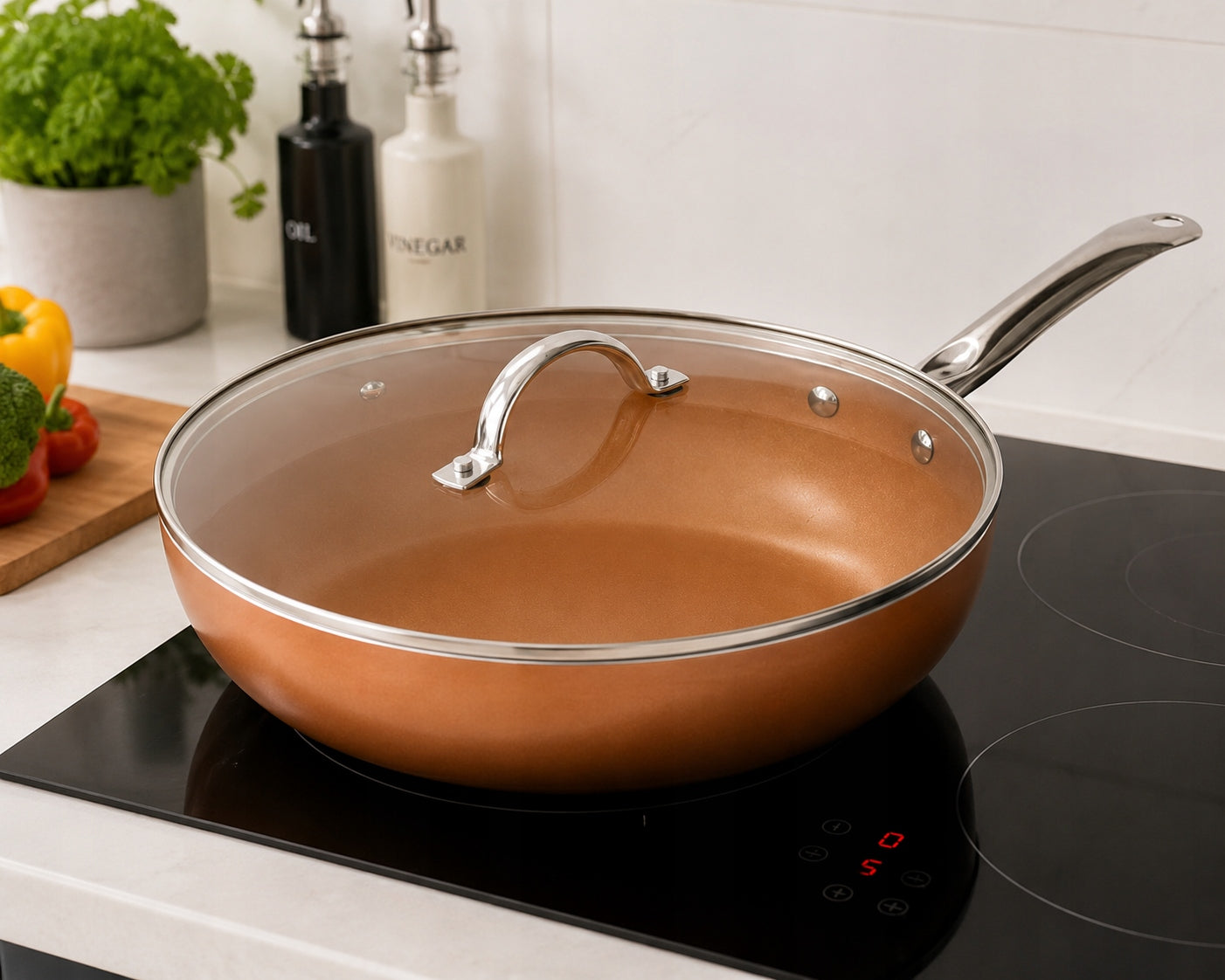 WOK deep frying pan 28cm with lid ceramic induction gas Packaging status original