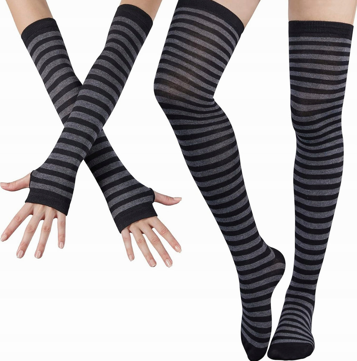 WOMEN'S STRIPED KNEE-HIGH SOCKS 52 CM SET GLOVES WARMERS MIX