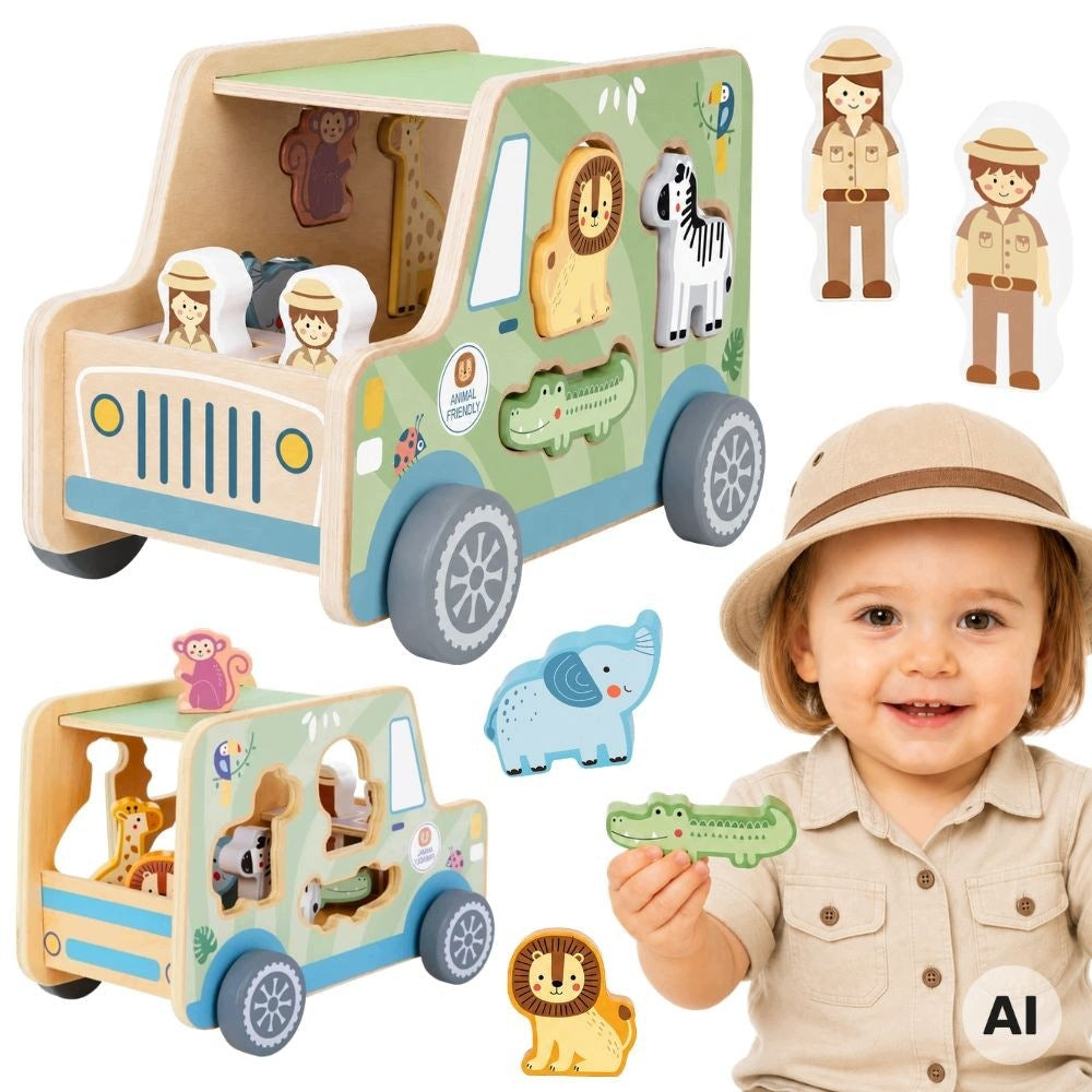 WOODEN ACTIVITY CUBE MONTESSORI CAR SAFARI SORTER TOOKY TOY