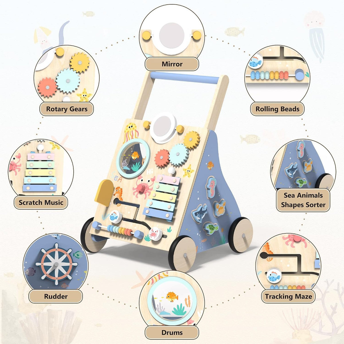 WOODEN BABY WALKER, OCEAN, MONTESSORI, WHEELS, STORAGE Manufacturer code JC1352