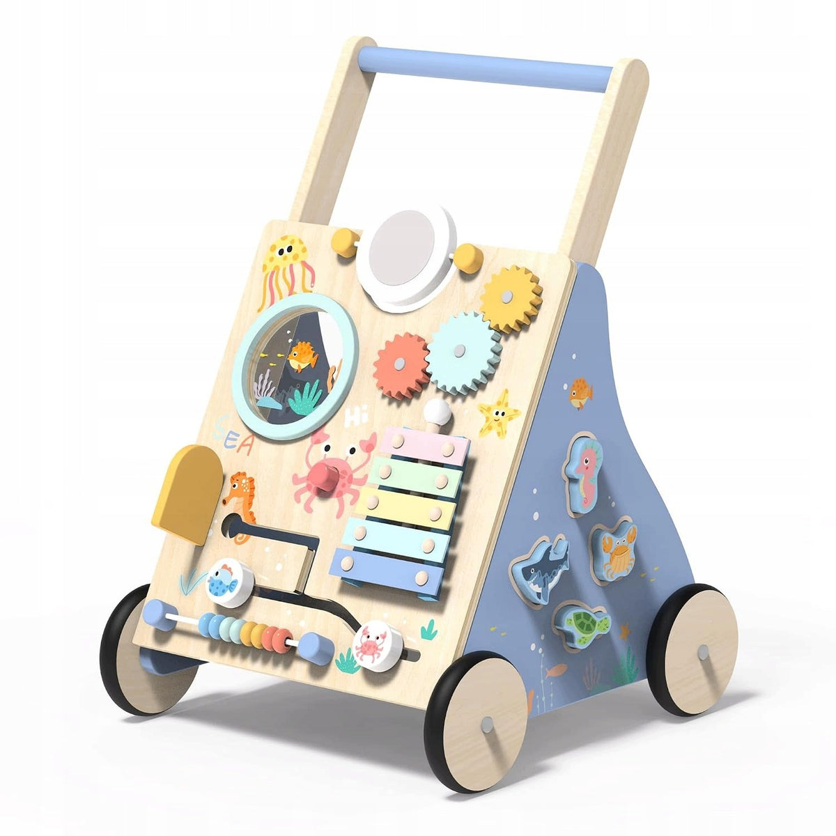 WOODEN BABY WALKER, OCEAN, MONTESSORI, WHEELS, STORAGE