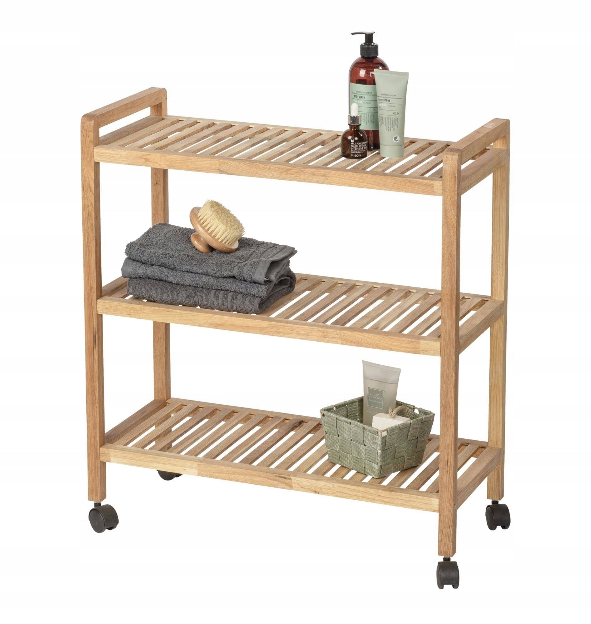 WOODEN BATHROOM RACK ON WHEELS SHELF FOR TOWELS COSMETICS 3 LEVELS