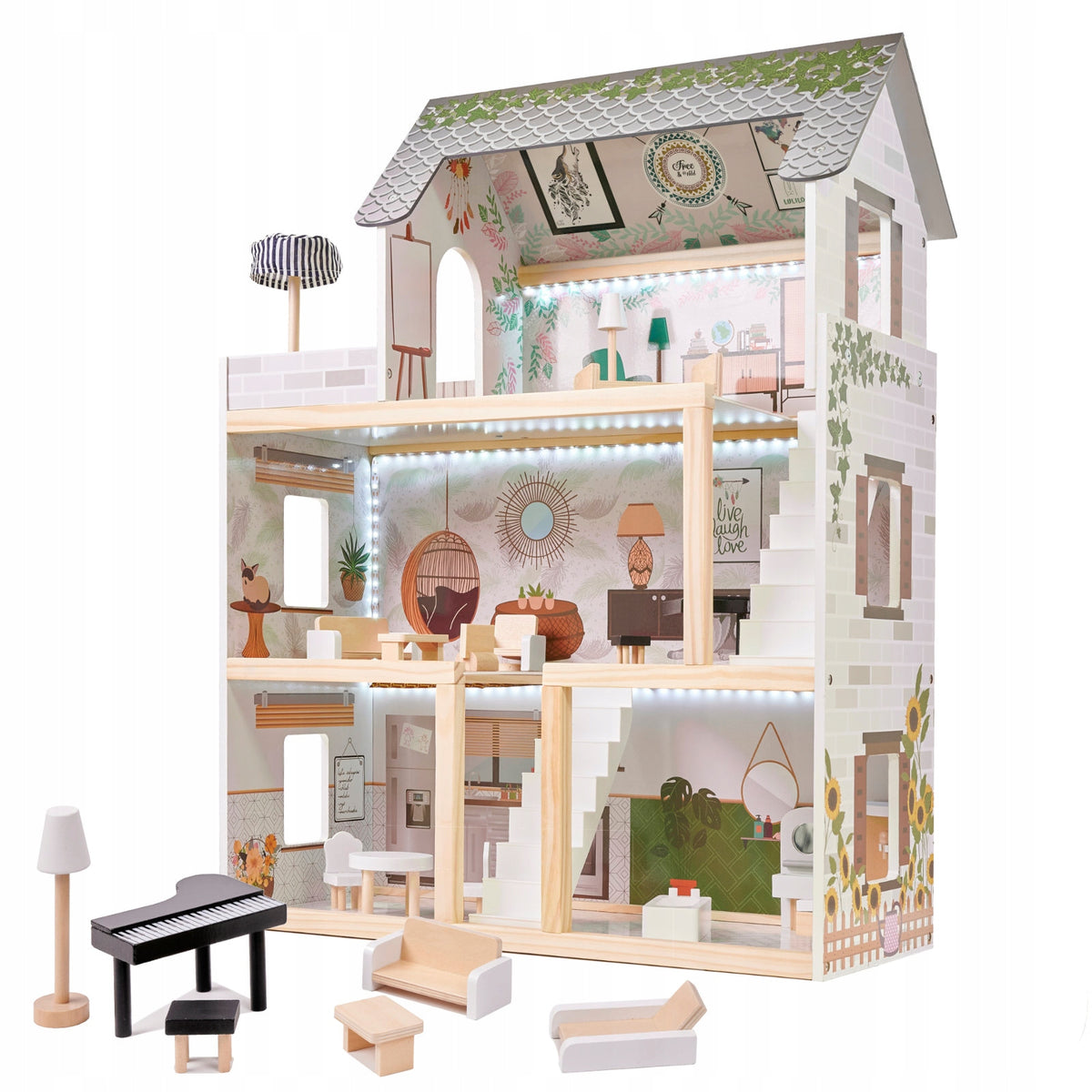 WOODEN BOHO DOLLHOUSE WITH LED LIGHTING – HIT Brand Lulilo