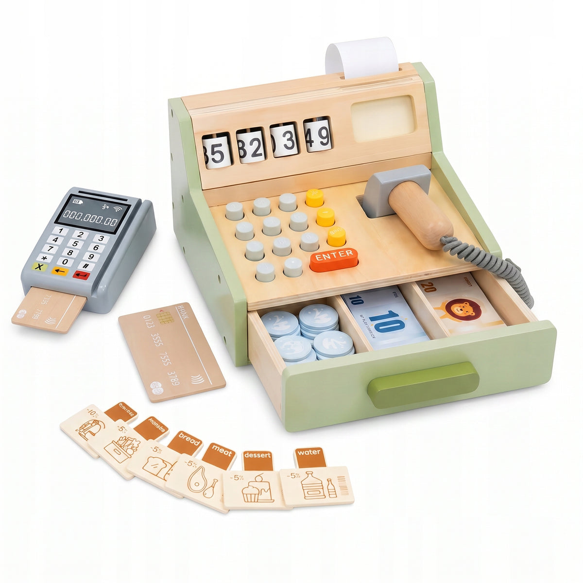 WOODEN CASH REGISTER FOR CHILDREN ACCESSORIES FUN IN THE STORE 35 EL.