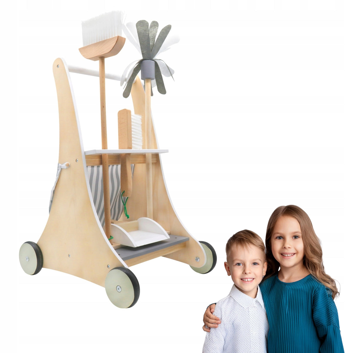 WOODEN CLEANING KIT ON TROLLEY mop sweeper brush basket