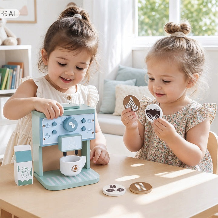 WOODEN COFFEE MAKER FOR CHILDREN WITH CUPS TOY SMALL BARISTA Packaging status original
