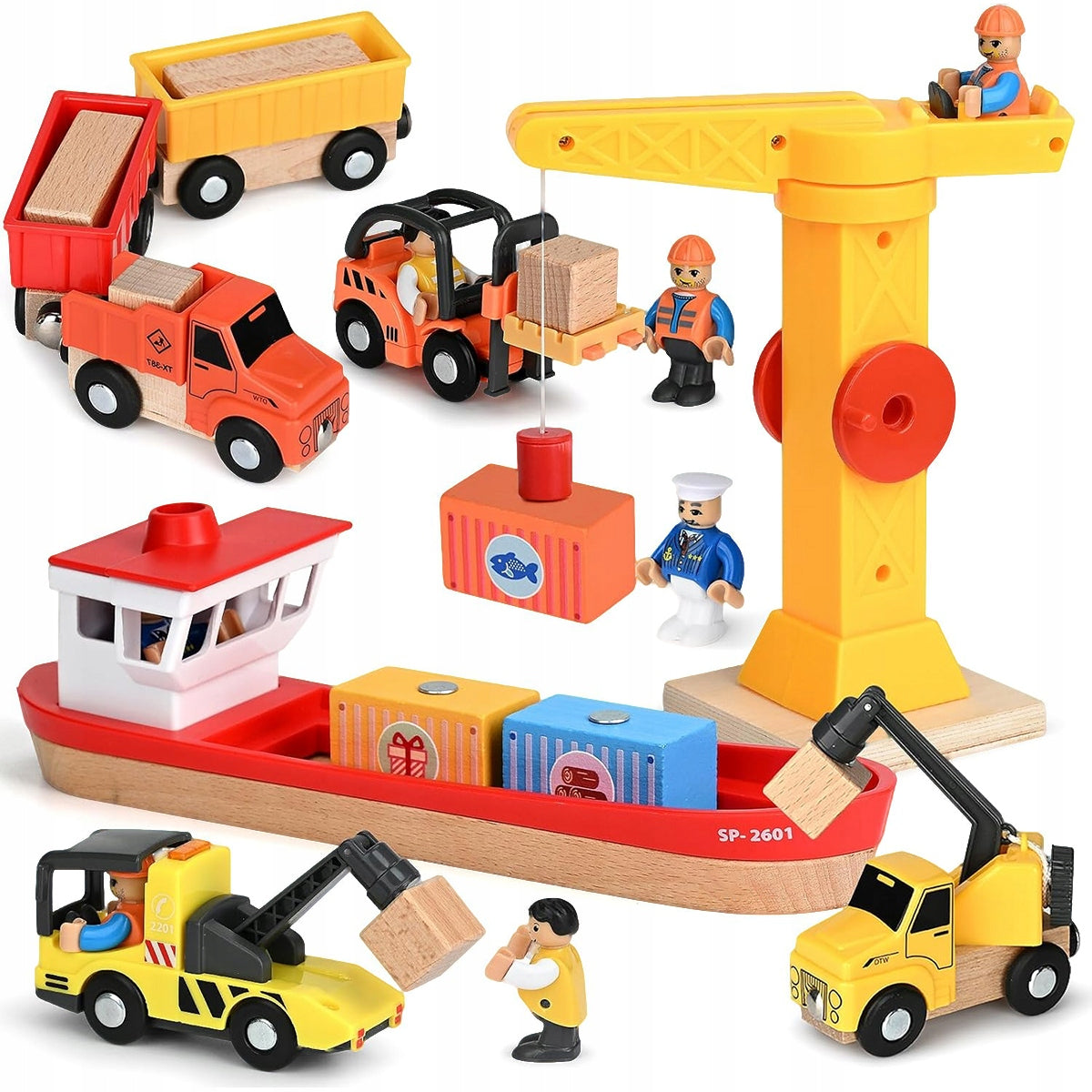 WOODEN CRANE MOVABLE CRANE SEA PORT TOY SHIP CAR + AKCESORIA Packaging status original