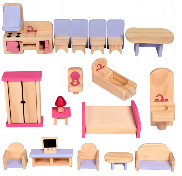 WOODEN DOLLHOUSE FURNITURE Furniture LARGE SET COLORFUL Packaging status original