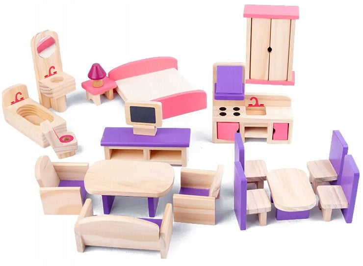 WOODEN DOLLHOUSE FURNITURE Furniture LARGE SET COLORFUL