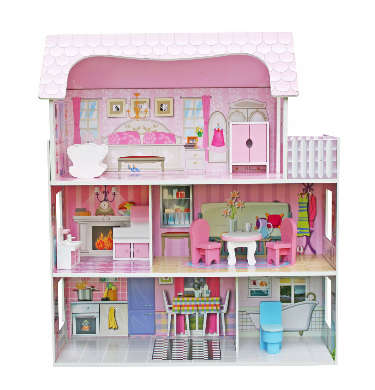 WOODEN DOLLHOUSE WITH TERRACE AND ACCESSORIES PINK 3-LEVEL GIFT EAN (GTIN) 5903887326049