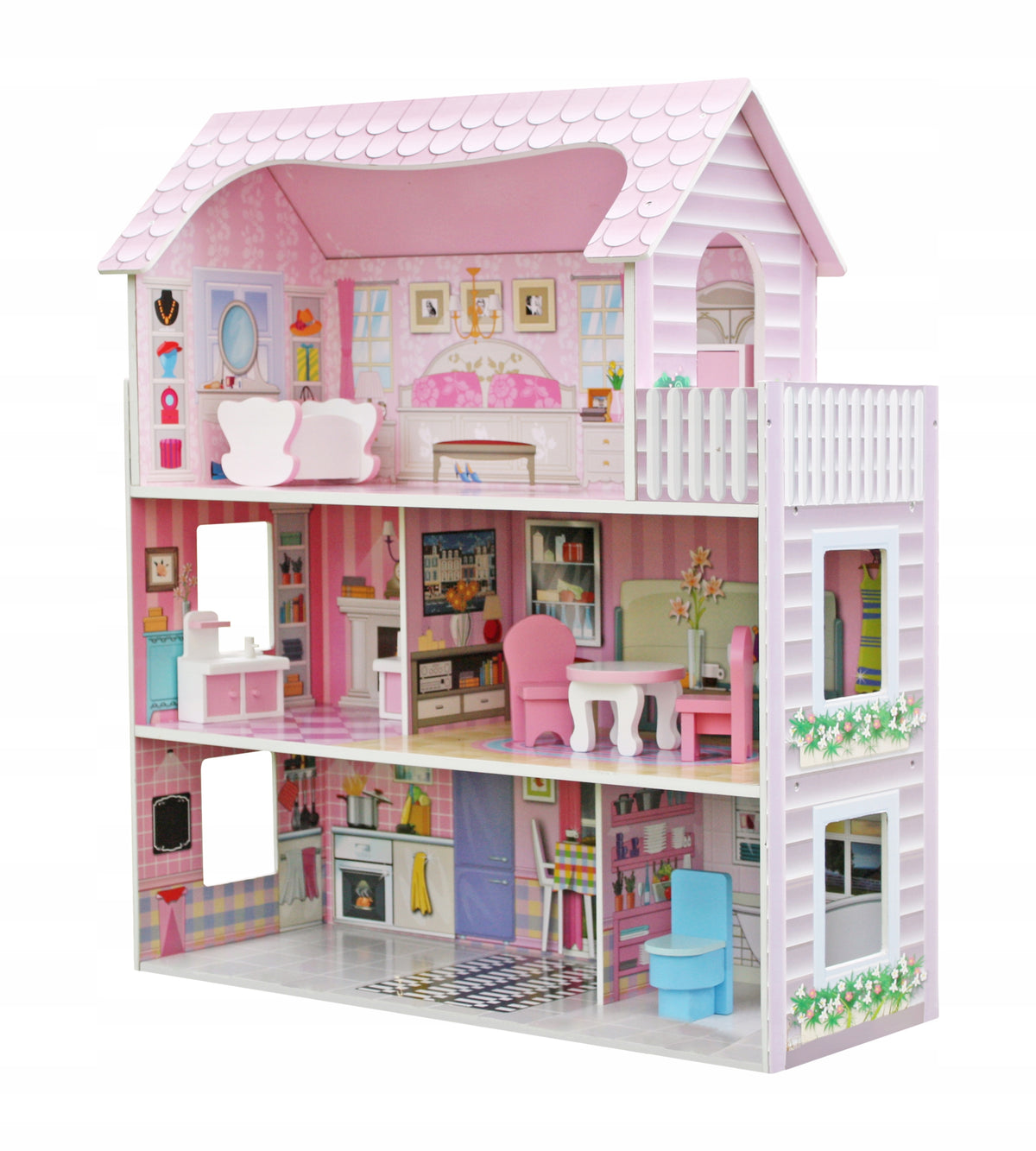 WOODEN DOLLHOUSE WITH TERRACE AND ACCESSORIES PINK 3-LEVEL GIFT