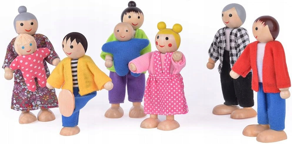 WOODEN DOLLS FAMILY SMALL DOLLS FOR COTTAGE SET OF 8 PIECES FOR CHILDREN