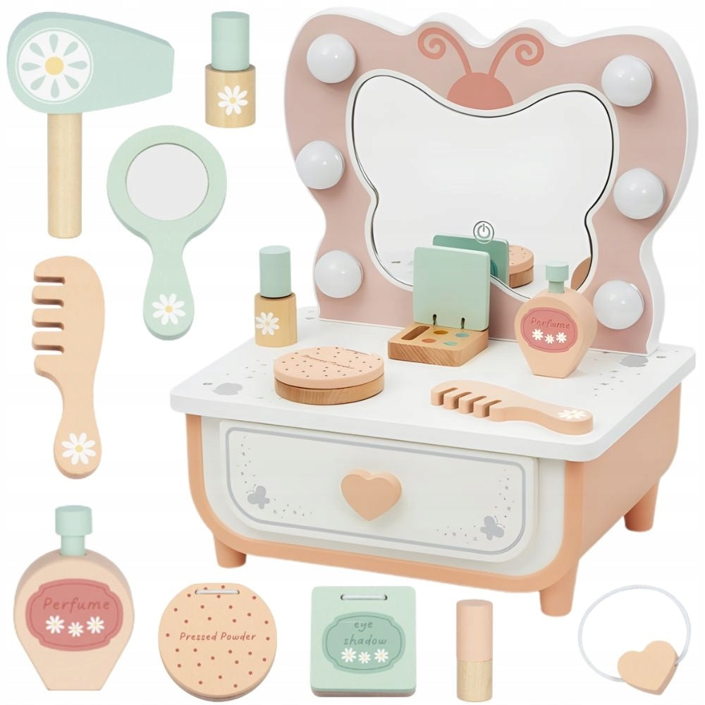 WOODEN DRESSING TABLE BUTTERFLY ACCESSORIES MIRROR LIGHT LED COSMETICS TOOKY TOY