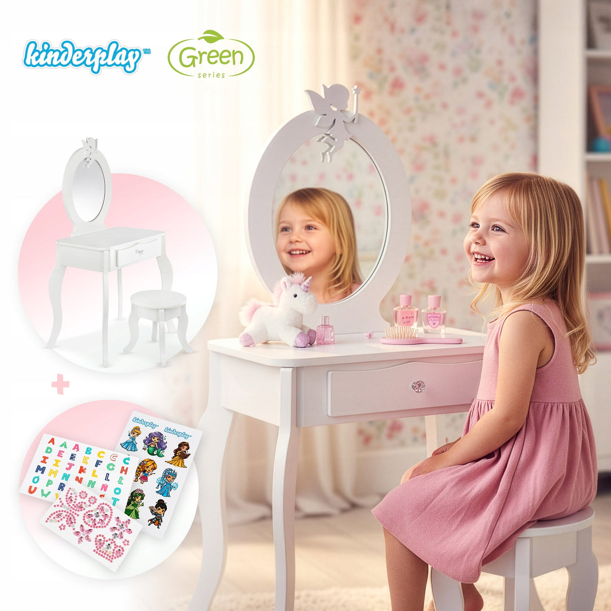 WOODEN DRESSING TABLE FOR CHILDREN STOOL MIRROR STICKERS ACCESSORIES KINDERPLAY Packaging status original
