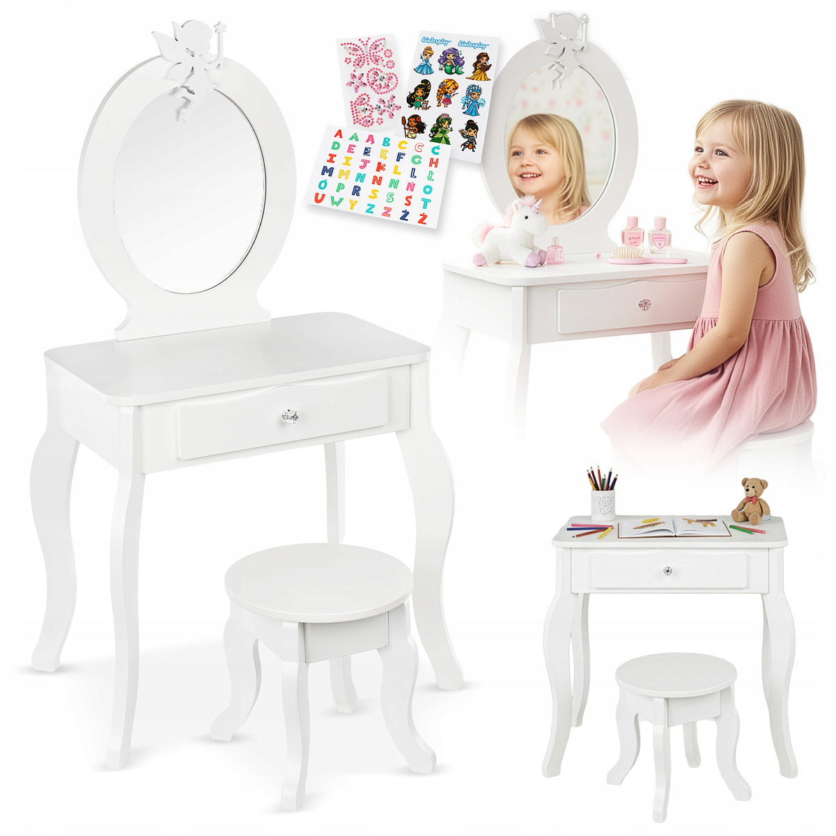 WOODEN DRESSING TABLE FOR CHILDREN STOOL MIRROR STICKERS ACCESSORIES KINDERPLAY