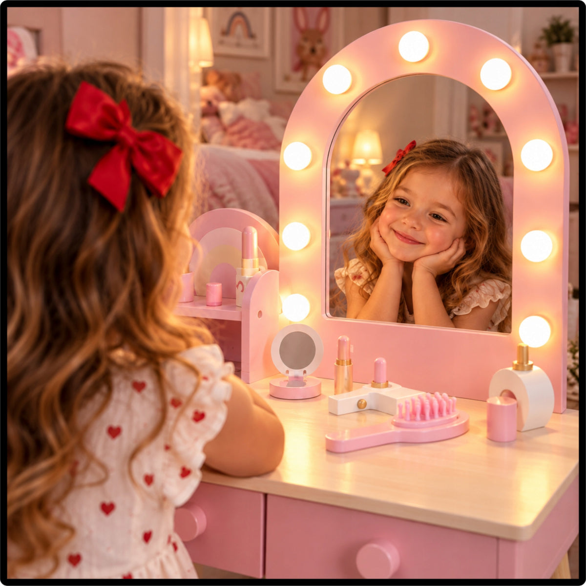 WOODEN DRESSING TABLE FOR CHILDREN WITH MIRROR LED STOOL 7 ACCESSORIES GIFT Manufacturer code 5907881419806