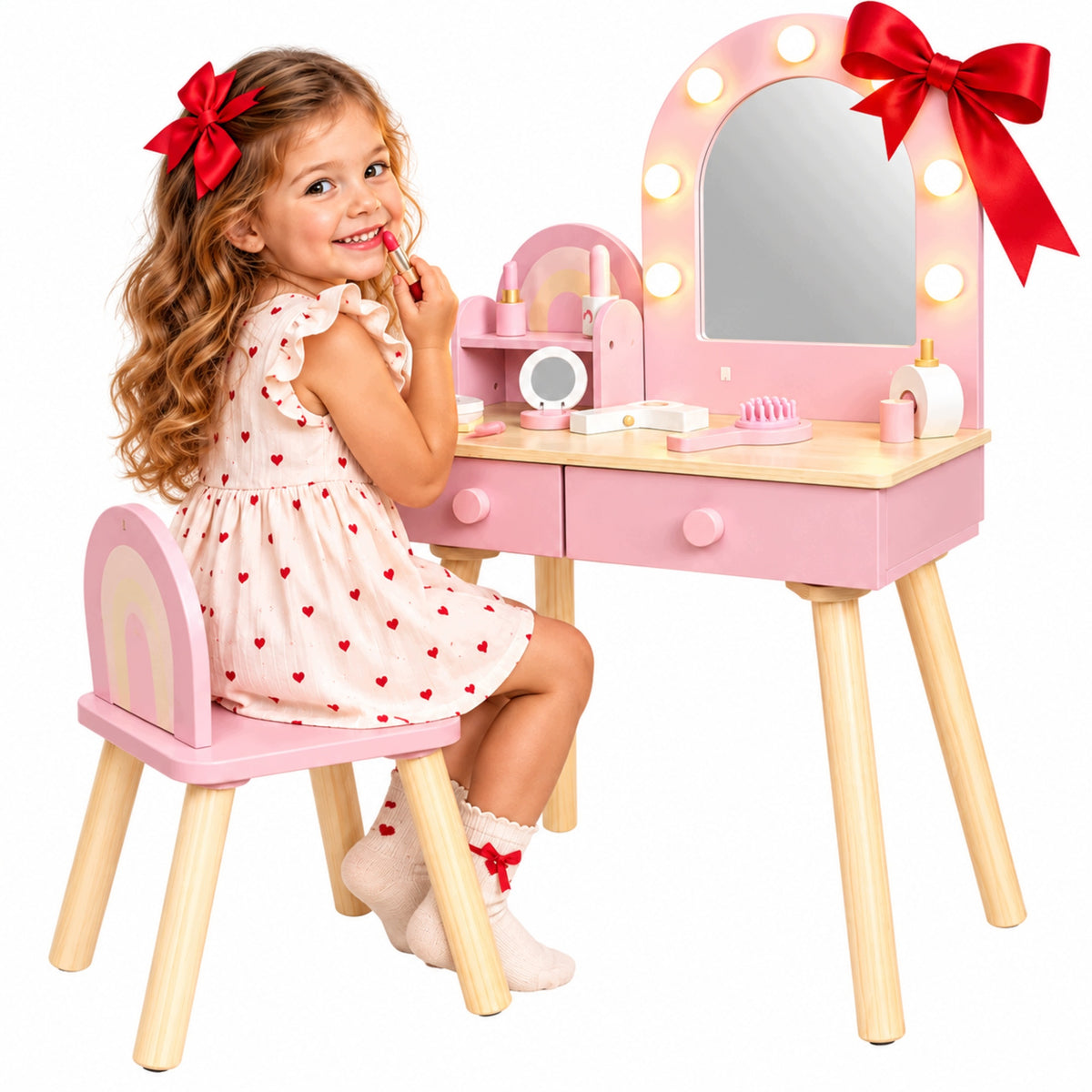 WOODEN DRESSING TABLE FOR CHILDREN WITH MIRROR LED STOOL 7 ACCESSORIES GIFT