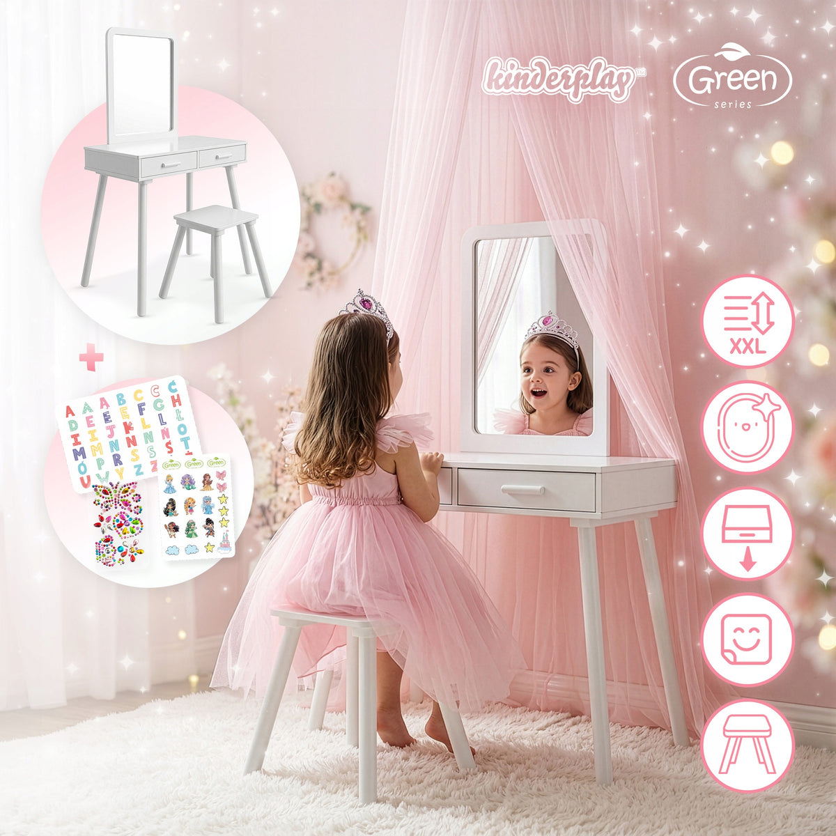 WOODEN DRESSING TABLE FOR GIRLS CHILDREN MIRROR STOOL LARGE KINDERPLAY Packaging status original