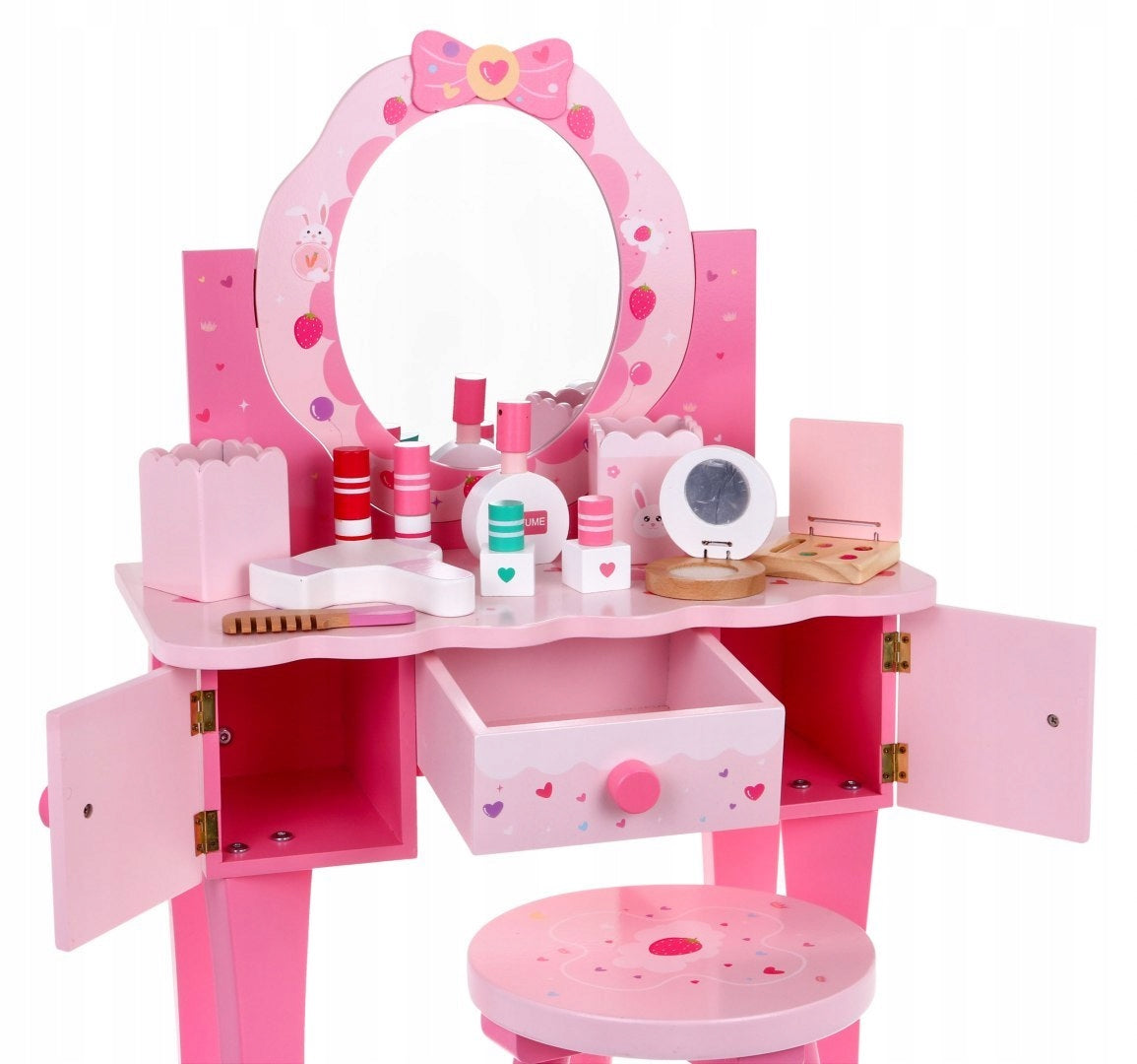 WOODEN DRESSING TABLE FOR GIRLS PINK BEAUTY SALON STOOL MIRROR