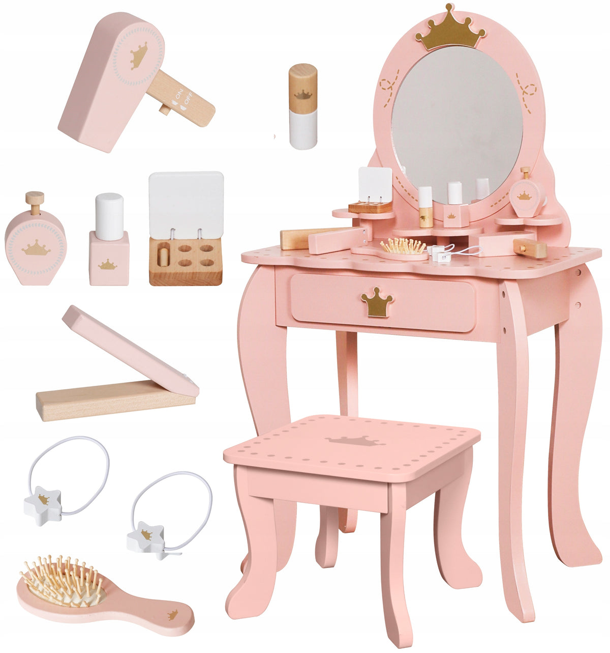 WOODEN DRESSING TABLE WITH ACCESSORIES FOR GIRLS MIRROR STOOL PRINCESS