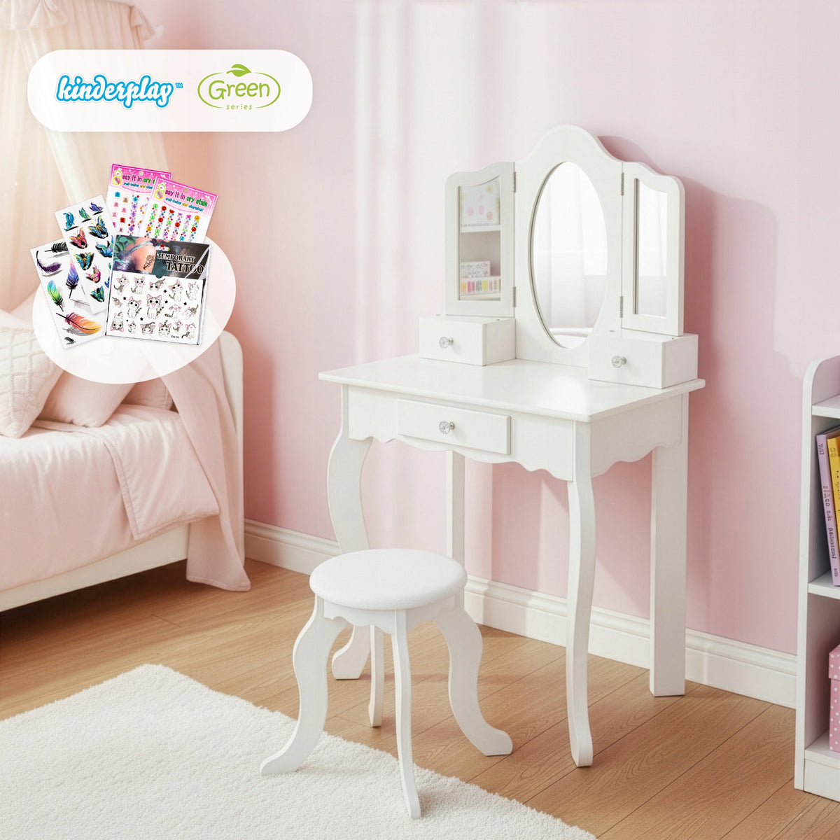 WOODEN DRESSING TABLE WITH MIRROR FOR CHILDREN STOOL CHAIR ACCESSORIES STICKERS Manufacturer code GS3304