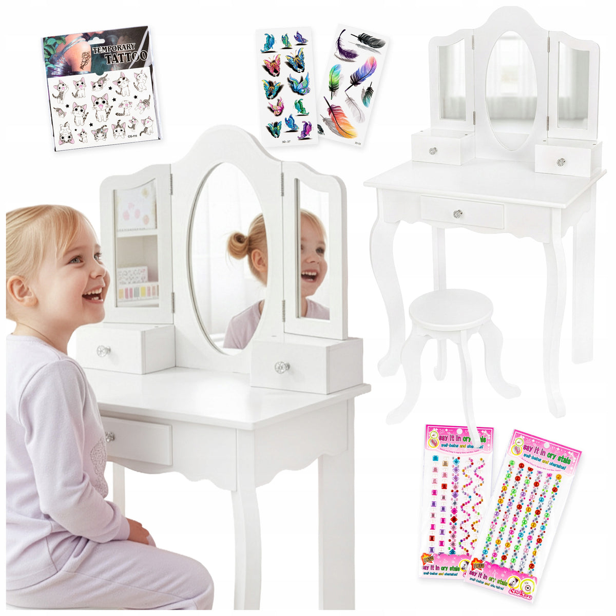 WOODEN DRESSING TABLE WITH MIRROR FOR CHILDREN STOOL CHAIR ACCESSORIES STICKERS